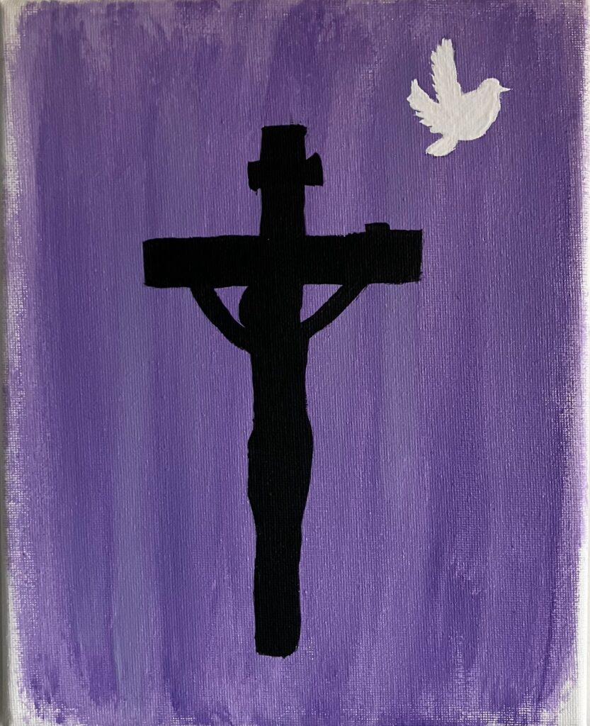 Acrylic painting on canvas with a purple background and black silhouette of Jesus crucified. A white dove flies away to the right of the Cross, symbolizing the Holy Spirit