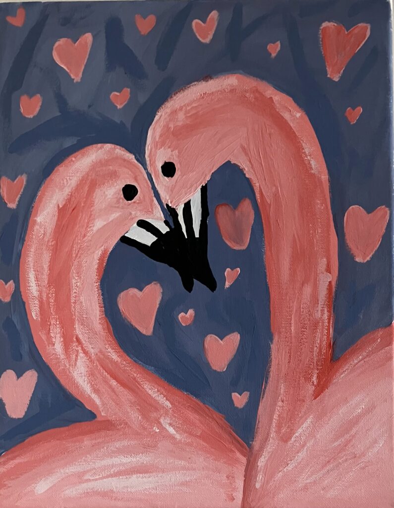Acrylic painting on canvas of two flamingoes nuzzling each other to form a heart
