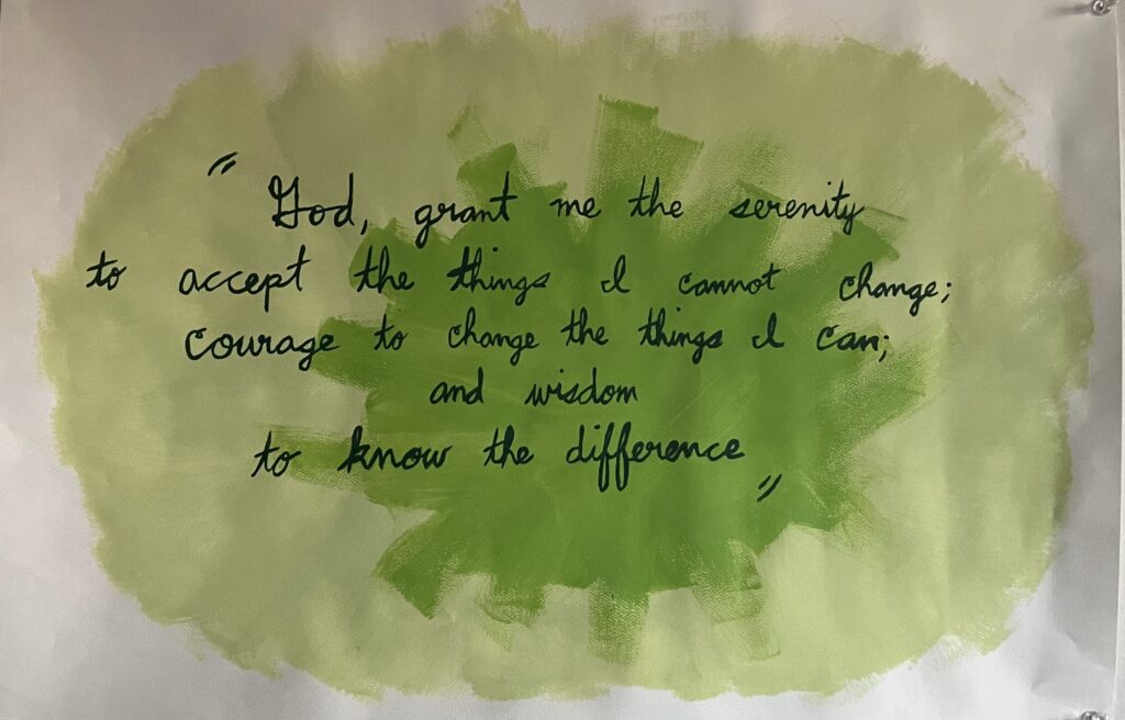Painting with a light green background and green text that reads part of the Serenity Prayer