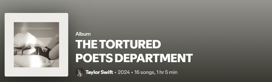 A screenshot of Taylor Swift's album "The Tortured Poets Department" on Spotify.