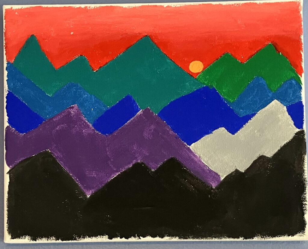 Acrylic paint on canvas of a colorful mountain range in front of a pink setting sun. Part of the range is black, part purple, grey, light blue, dark blue, teal, and dark green.