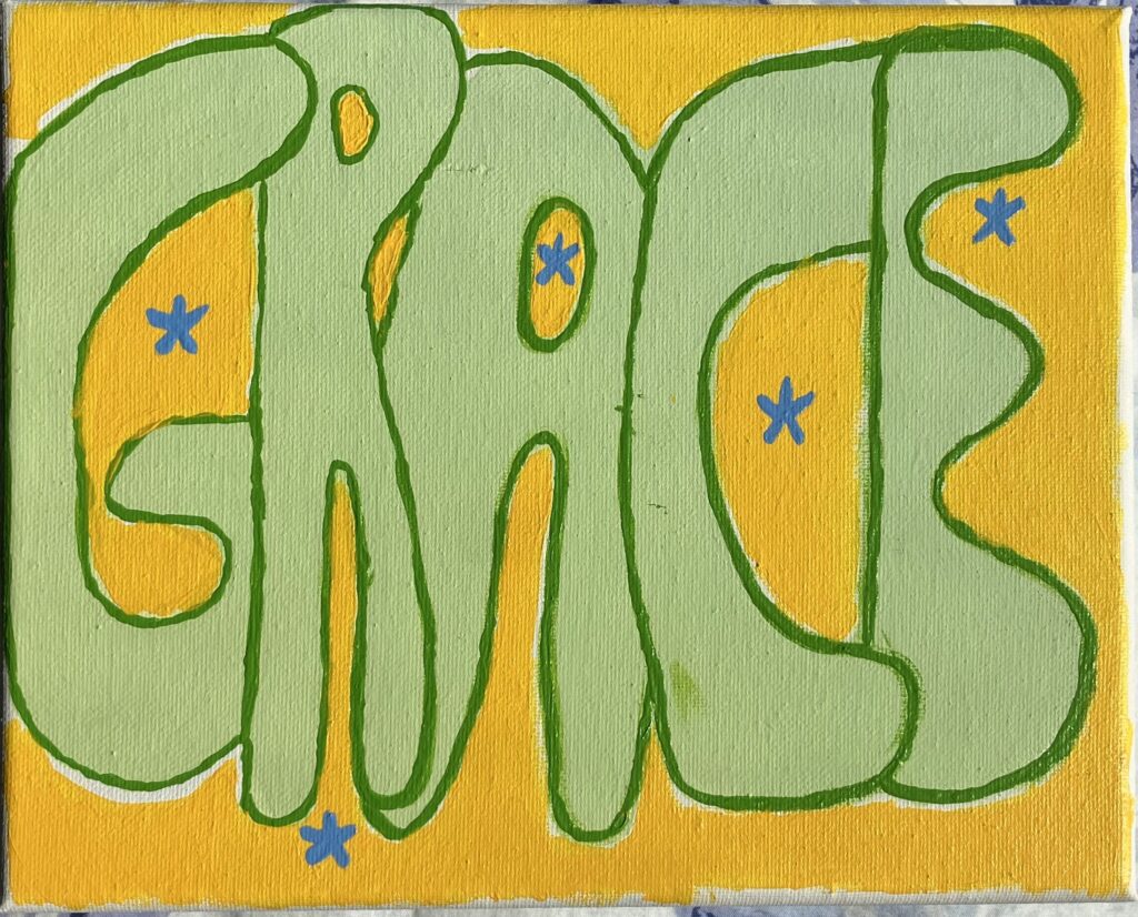 Acrylic paint on canvas. The background is bright yellow and pale green letters spell out the name "Grace." There are five small blue stars throughout the painting.