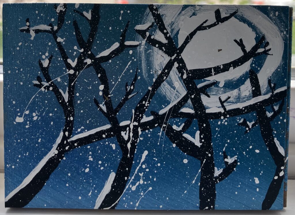 Acrylic painting on wood of trees covered in snow at night.