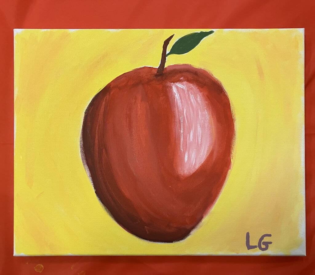 An acrylic painting on canvas of a dark red apple on a pale yellow background.