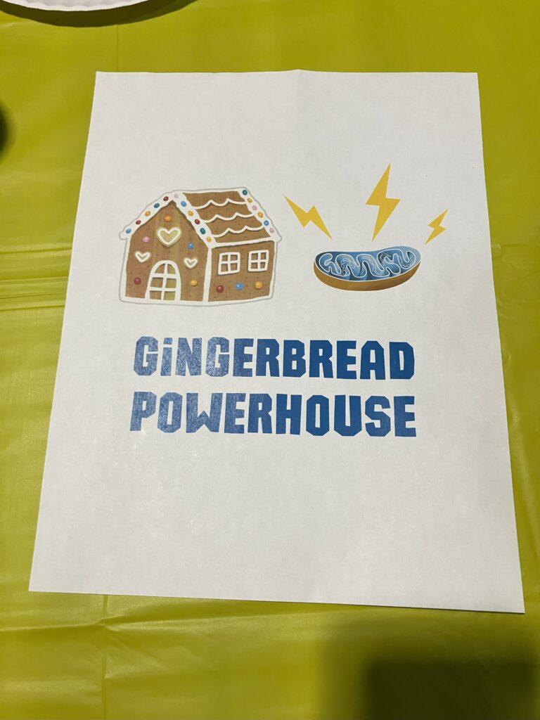 A white piece of paper with the team name "Gingerbread Powerhouse" written on it with cartoon pictures of a gingerbread house and a mitochondrion organelle.