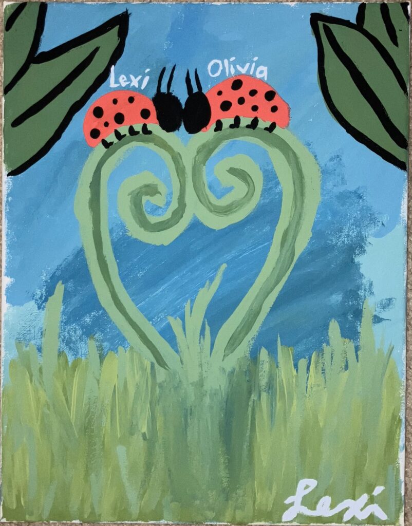 Acrylic painting on canvas of two ladybugs standing two pieces of grass. One ladybug is labeled "Lexi" and the other is labeled "Olivia."
