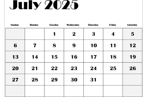 A calendar showing the month of July 2025.